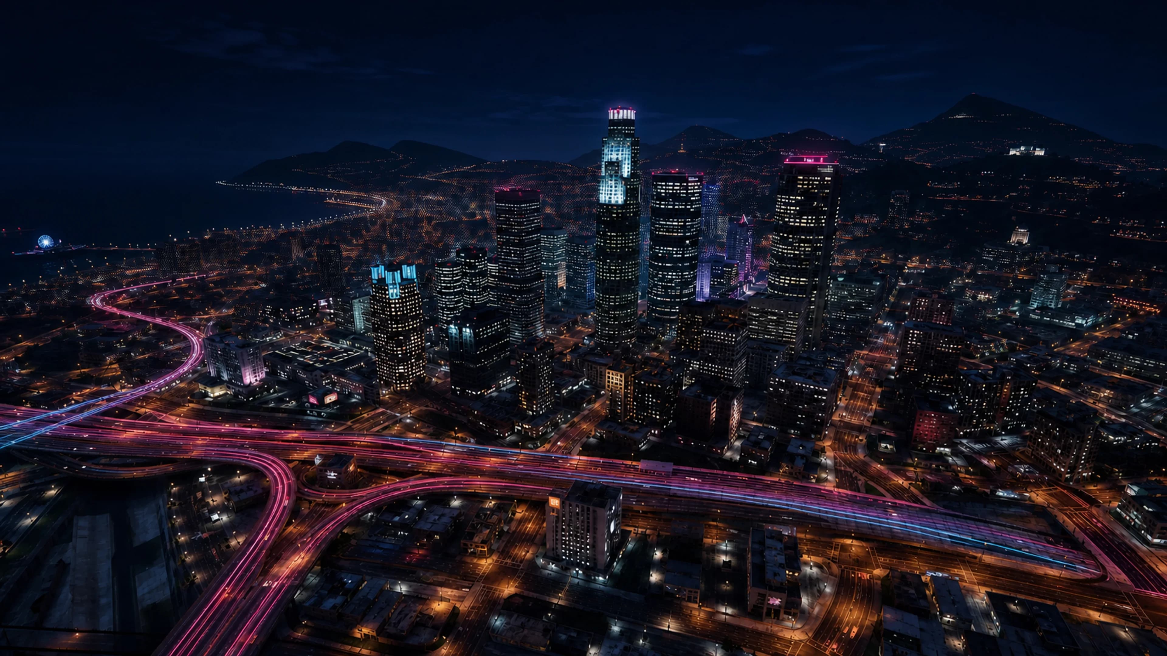 Panorama notturno di Los Santos attraversato dalle luci della città
